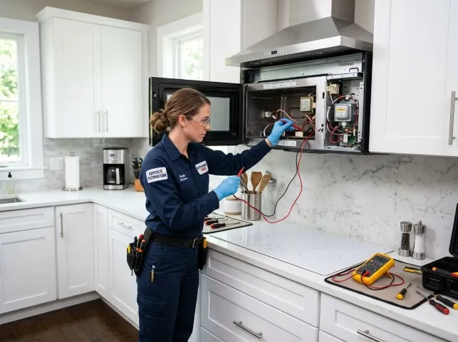 Appliance Repair Hero technician testing an over-the-range microwave in a Braden, TN kitchen